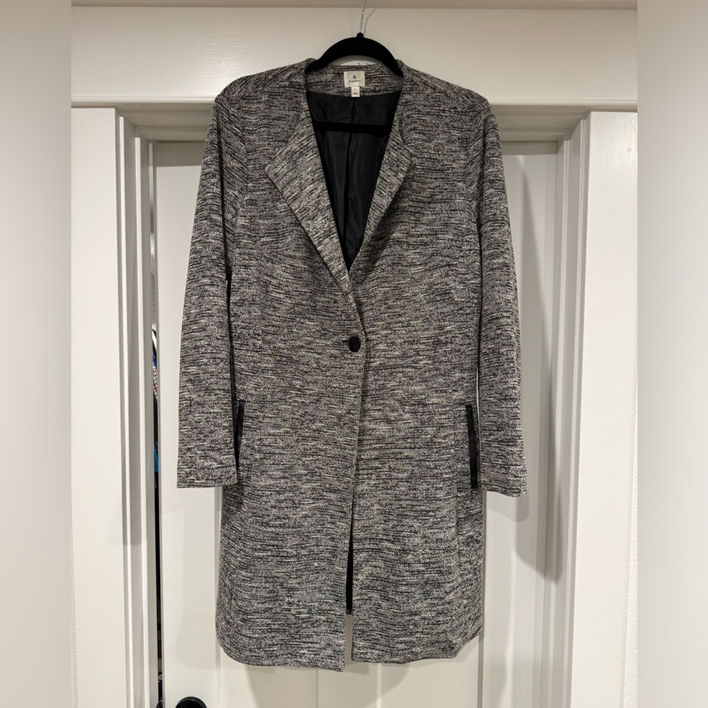Dress barn long jacket with leather trim pocket - looks great with black pants!